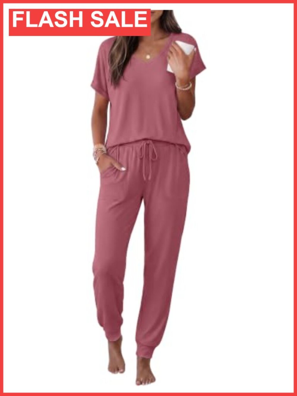 Ekouaer Women's 2 Piece Pajama Set Short Sleeve V-Neck Jogger Lounge Sleepwear
